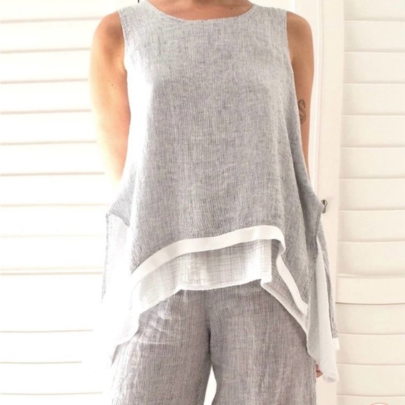 Ellamoda Striped Linen Swing Top with Linen Gauze Layering Size M - Picture 1 of 14